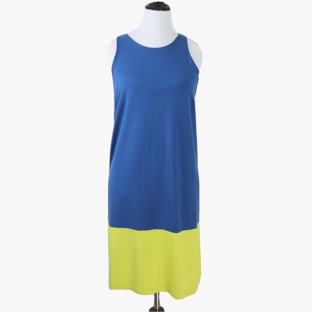 Ann Taylor Size M Midi Shift Dress Color Block Navy Blue Chartreuse - Picture 2 of 9